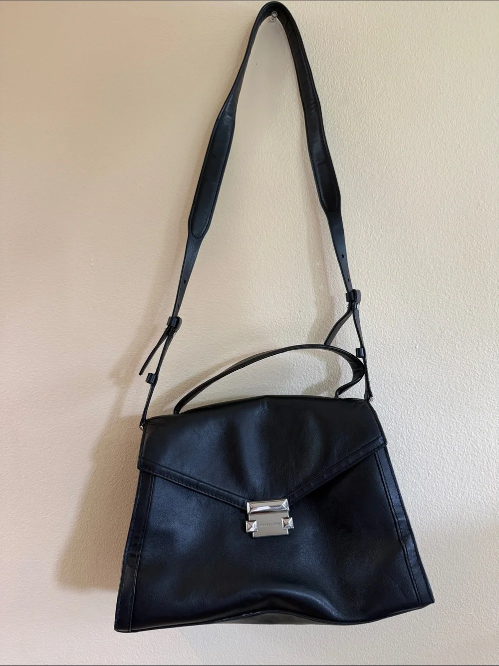 Michael Kors Black Leather Satchel with Silver-Tone Lock